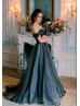 Off Shoulder Black Pleated Tulle Wedding Dress